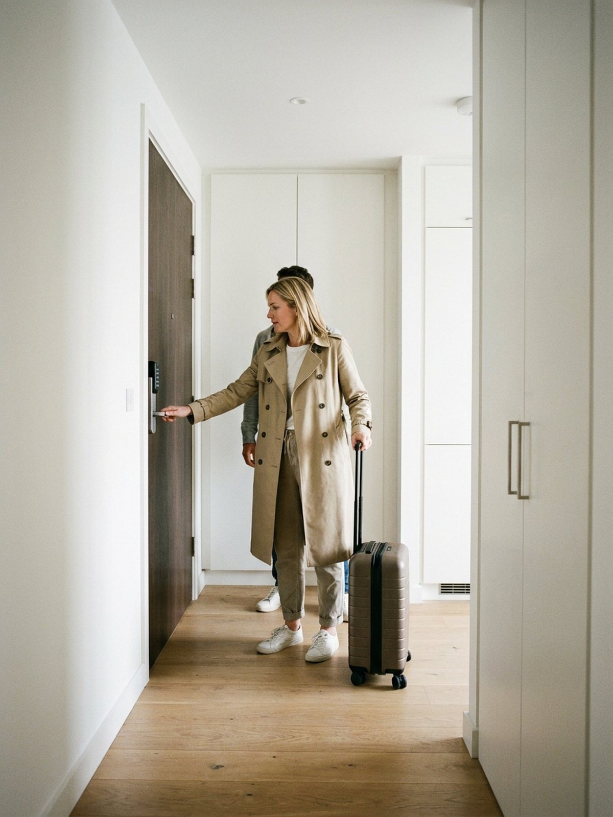 Oaspete cu valiza deschide ușa unui apartament cu o încuietoare cu cod