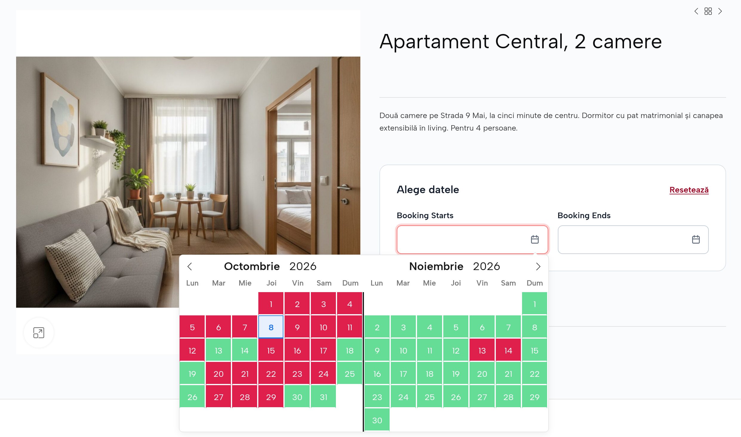 Apartamentul Central pe site: calendarul pe octombrie și noiembrie, cu nopțile ocupate (de pe site, Booking.com și Airbnb) în roșu și cele libere în verde