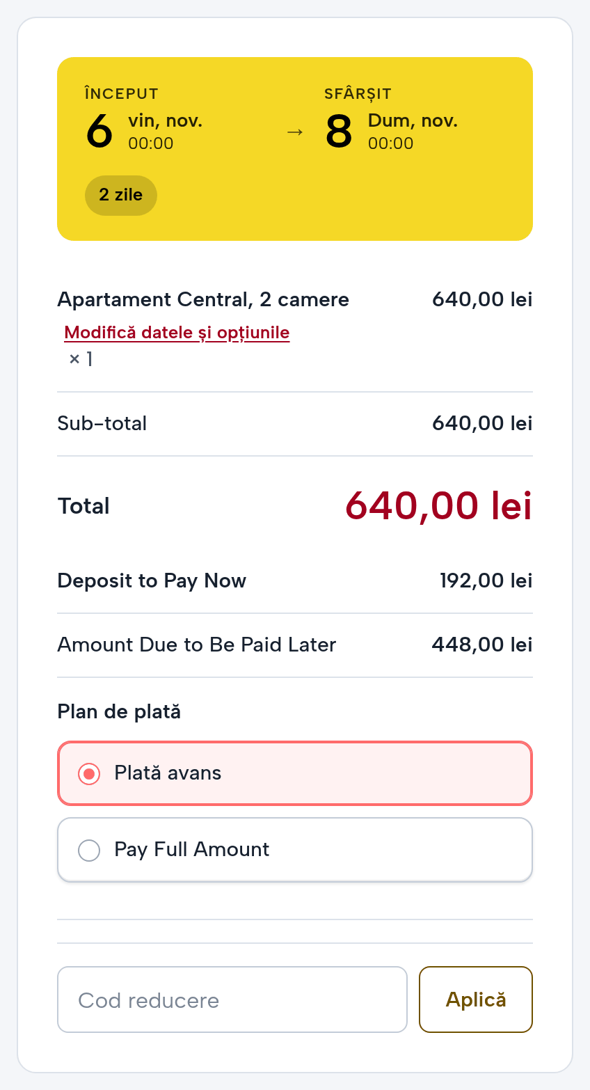 Plata rezervării: Apartament Central 6–8 noiembrie, 640 lei, avans 192 lei acum, 448 lei mai târziu