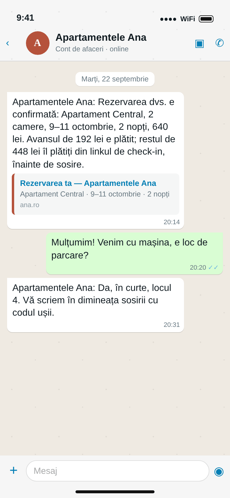WhatsApp: rezervarea confirmată, avansul plătit, restul din linkul de check-in; locul de parcare