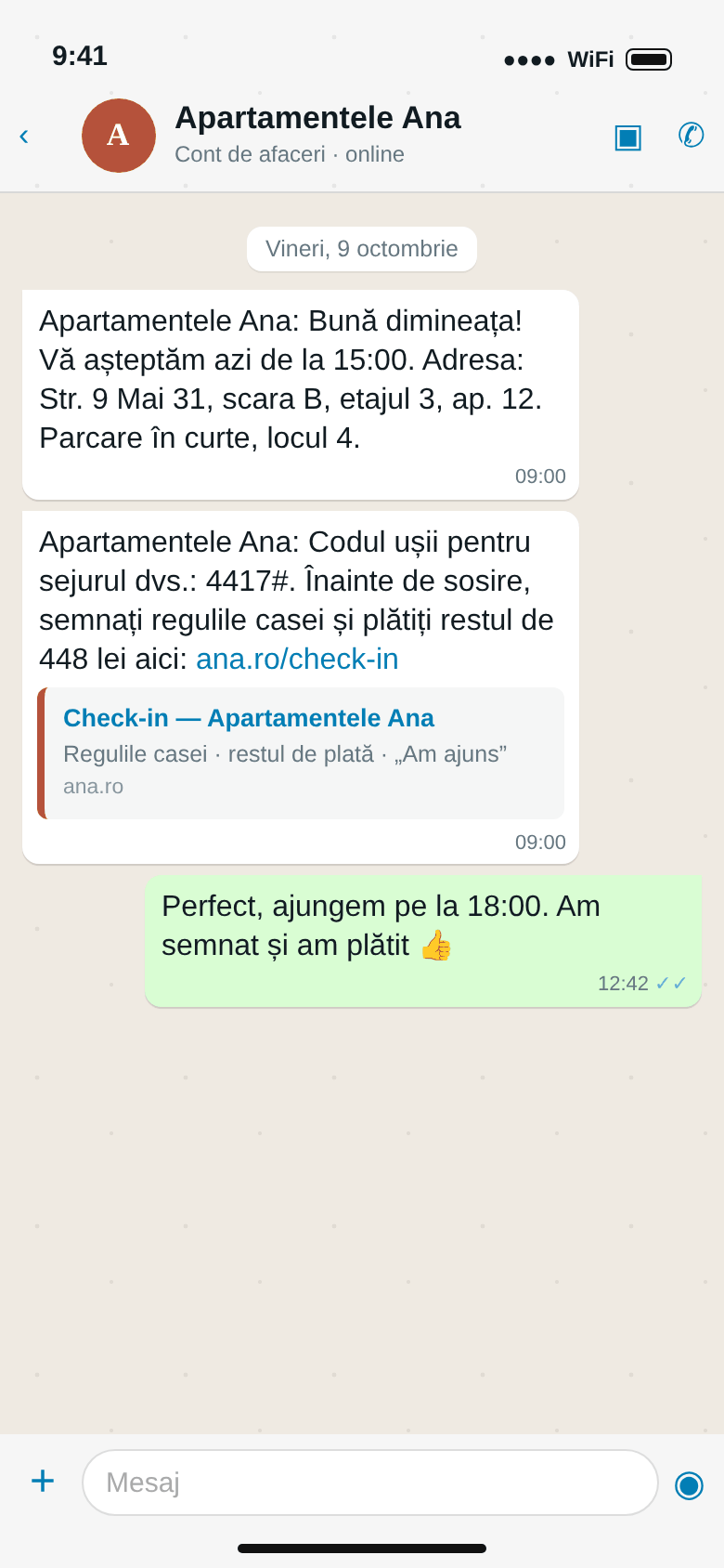 WhatsApp, vineri la 09:00: adresa, parcarea, codul ușii 4417# și linkul de check-in; oaspetele răspunde că a semnat și a plătit