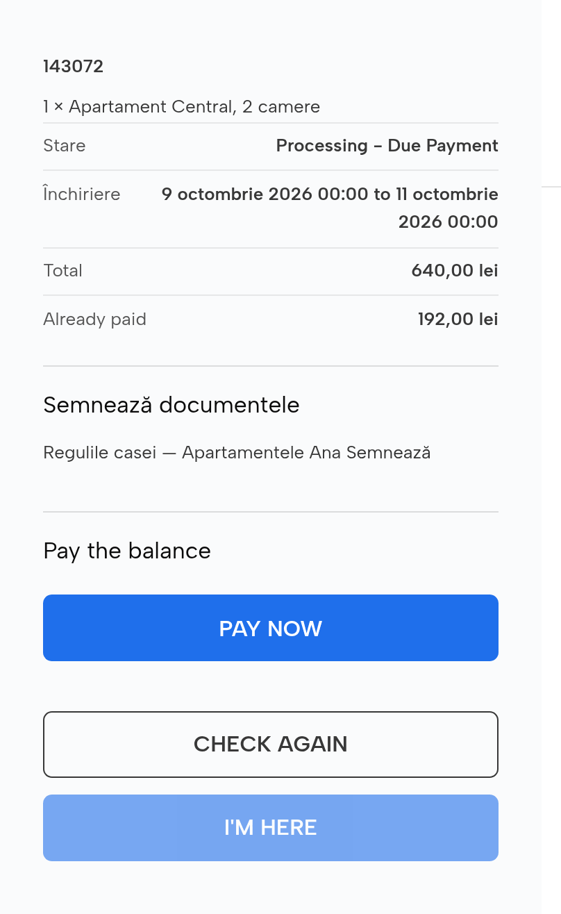 Check-in pe telefon: rezervarea lui Radu, 640 lei, 192 lei plătiți, regulile casei de semnat, restul de plată, „Am ajuns”