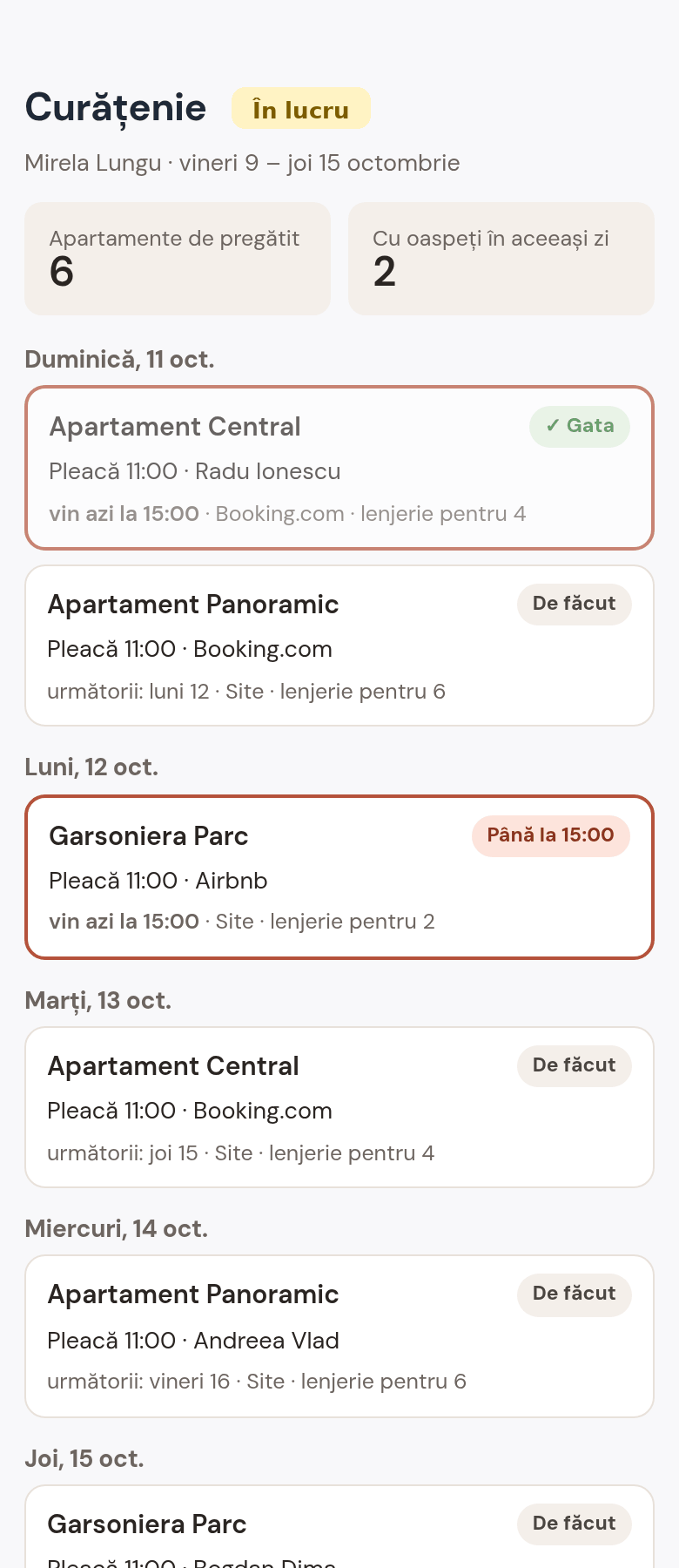 Curățenia Mirelei pe telefon, în lucru: vineri 9 – joi 15 octombrie, apartamentele de pregătit, cele cu oaspeți în aceeași zi puse primele