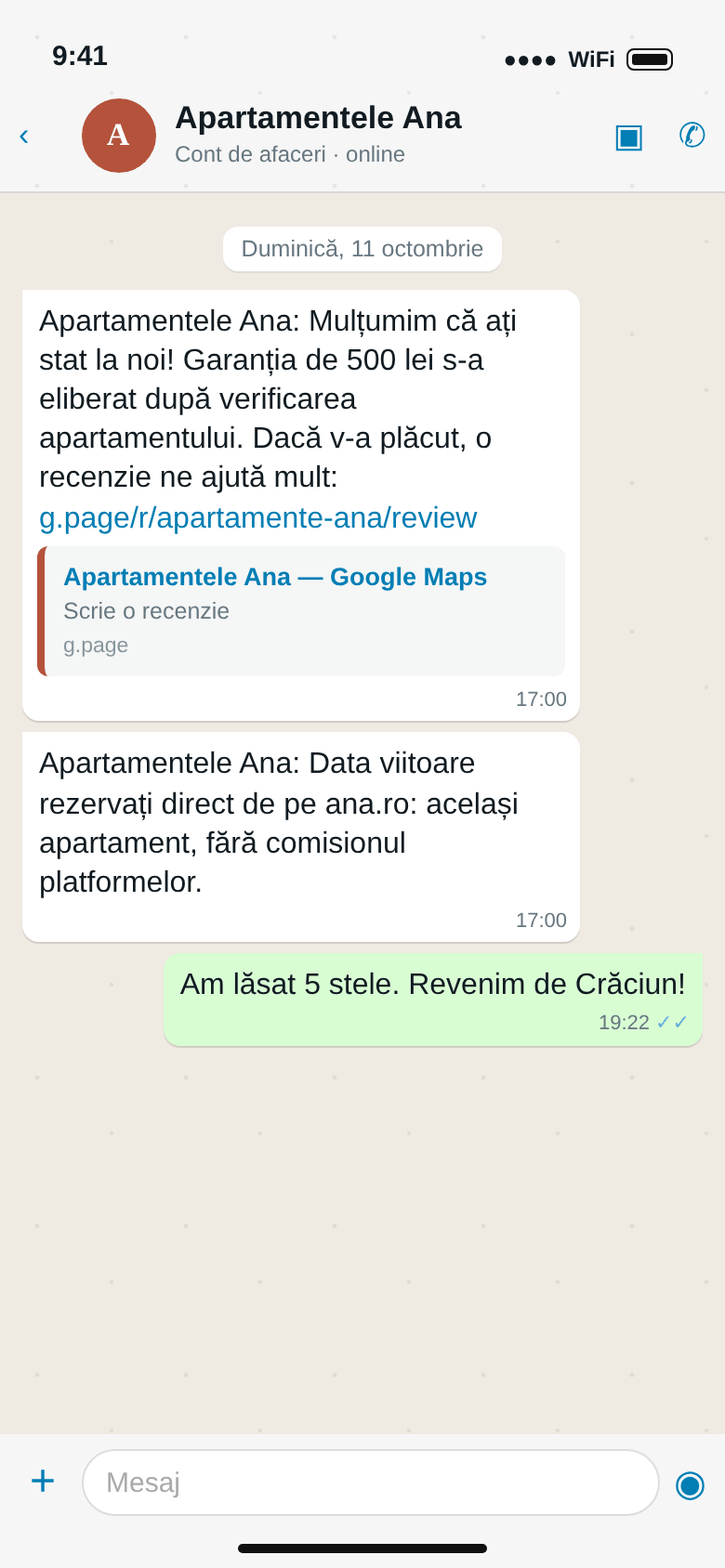 WhatsApp, duminică la 17:00: garanția eliberată, linkul de recenzie pe Google și îndemnul de a rezerva direct; oaspetele a lăsat 5 stele