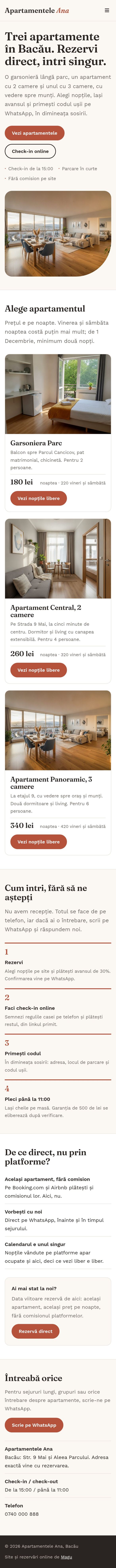 Site-ul Apartamentele Ana pe telefon: cele trei apartamente și pașii de sosire