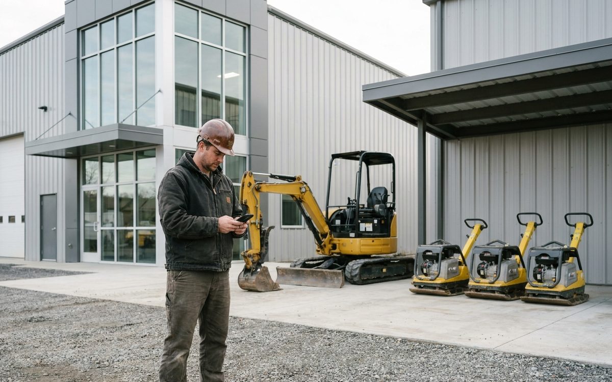 Angajat în curtea unei firme de închirieri, cu telefonul în mână, lângă un miniexcavator nou și un rând de plăci compactoare