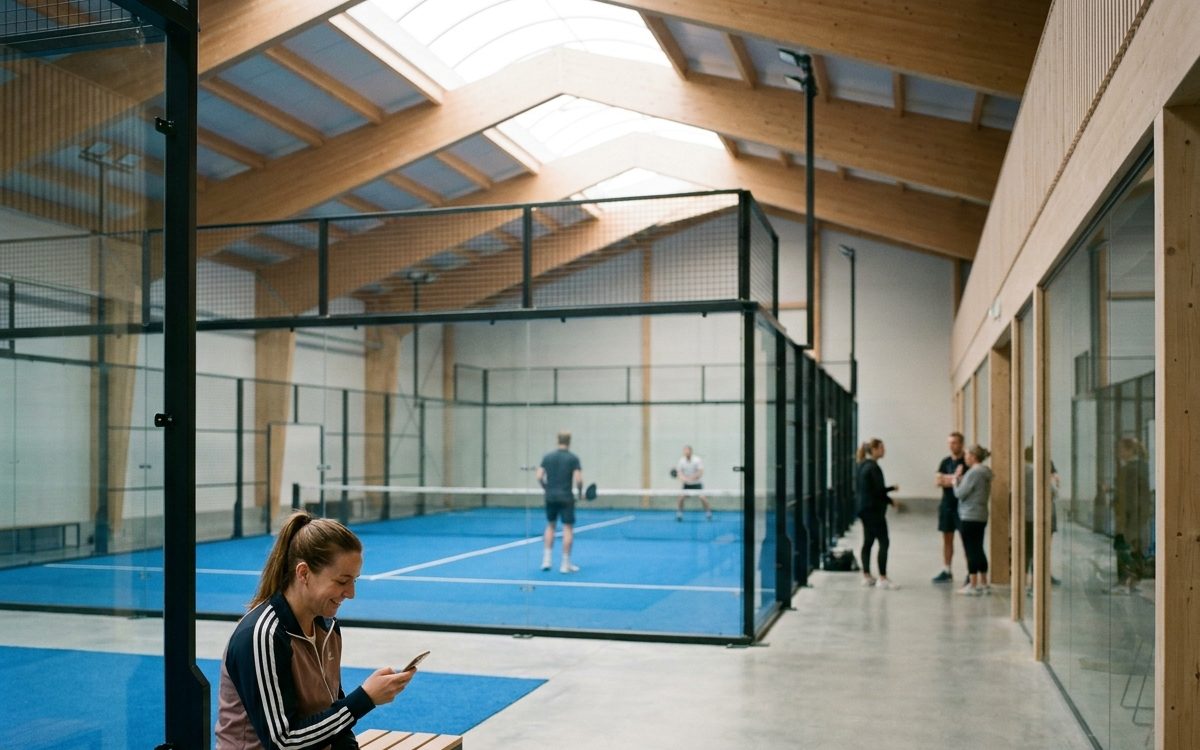 Club de padel acoperit, cu terenuri albastre și pereți de sticlă; antrenoarea zâmbește la telefon