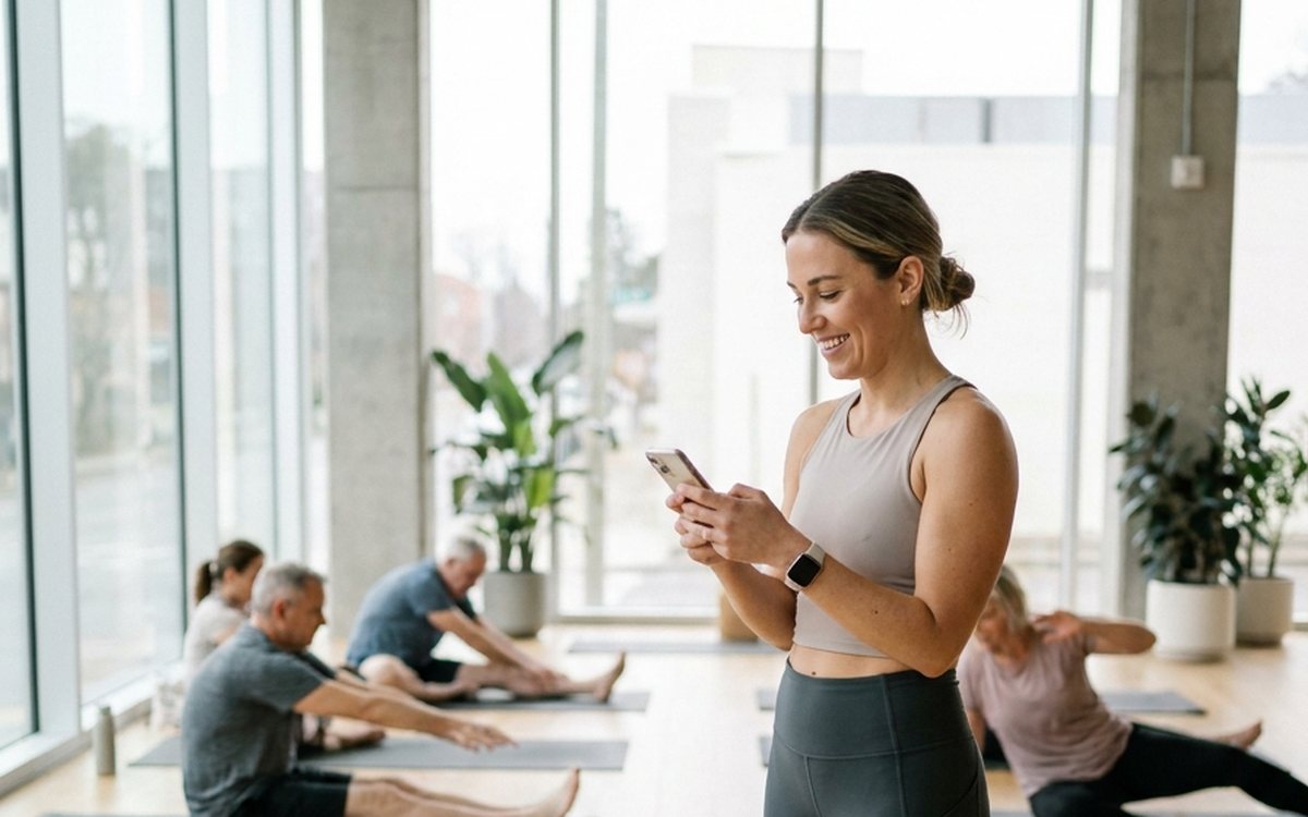 Antrenoare de fitness cu telefonul în mână într-un studio luminos, adulți pe saltele în spate