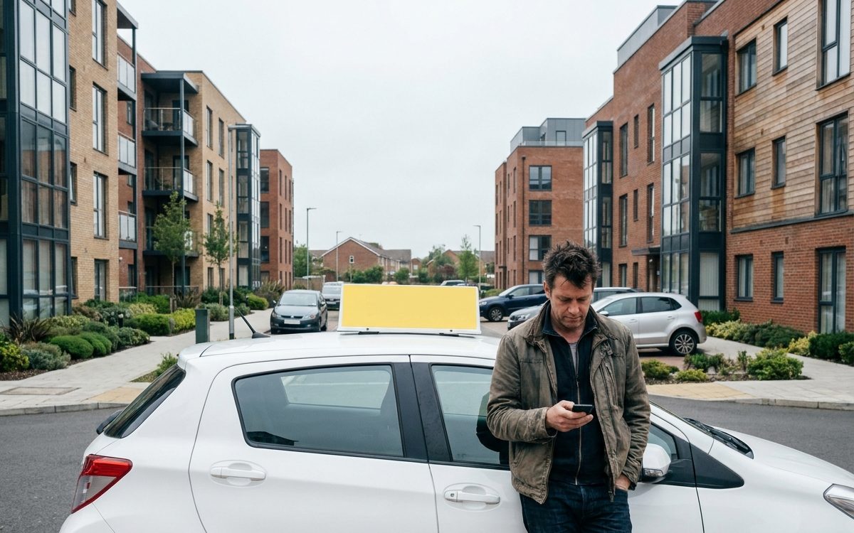 Instructor auto sprijinit de mașina școlii, cu semnul galben pe plafon, într-un cartier nou, cu telefonul în mână