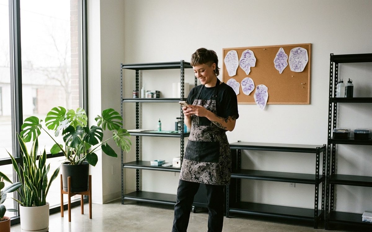 Artistă tatuatoare într-un studio modern și luminos, cu schițele violet prinse pe panou, cu telefonul în mână