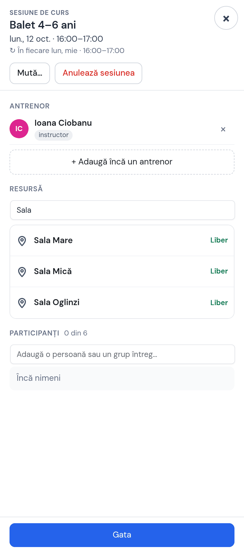 Fișa orei Balet 4–6 ani: antrenor Ioana Ciobanu, căutarea de resurse „Sala” cu Casa de Cultură, Sala Mare, Sala Mică, Sala Oglinzi — toate libere