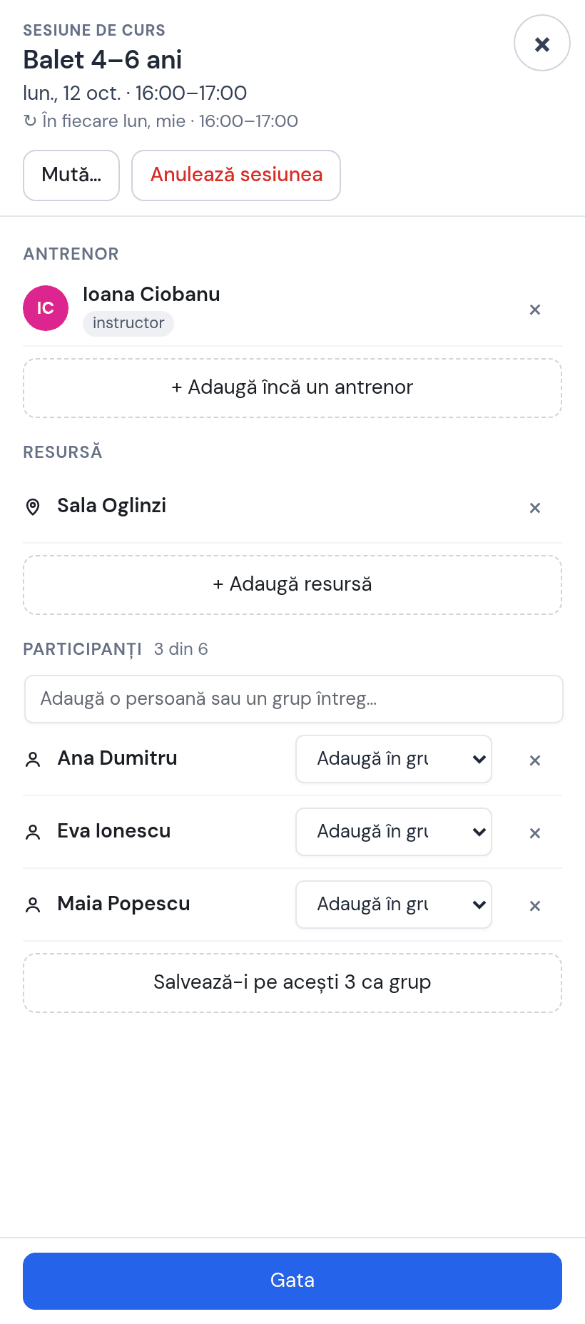 Fișa orei cu Sala Oglinzi atașată și participanții Ana Dumitru, Eva Ionescu, Maia Popescu — 3 din 6 — și butonul „Salvează-i pe acești 3 ca grup”