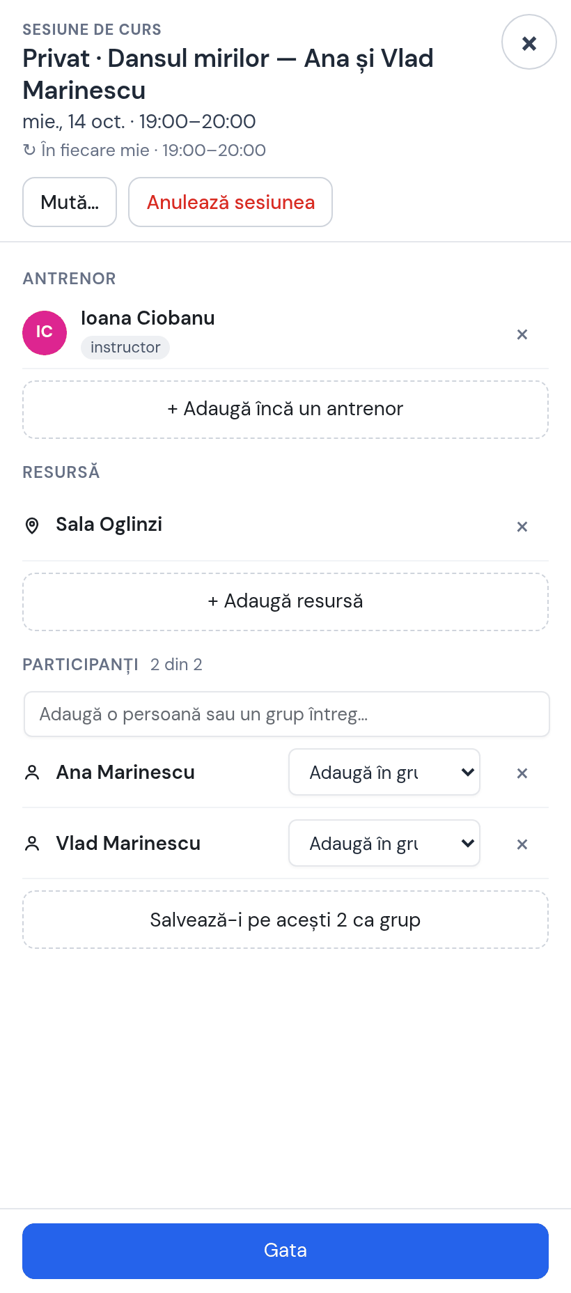 Fișa orei Privat · Dansul mirilor, miercuri 14 oct. 19:00–20:00, în fiecare miercuri: antrenor Ioana Ciobanu, resursă Sala Oglinzi, participanți 2 din 2 — Ana și Vlad Marinescu