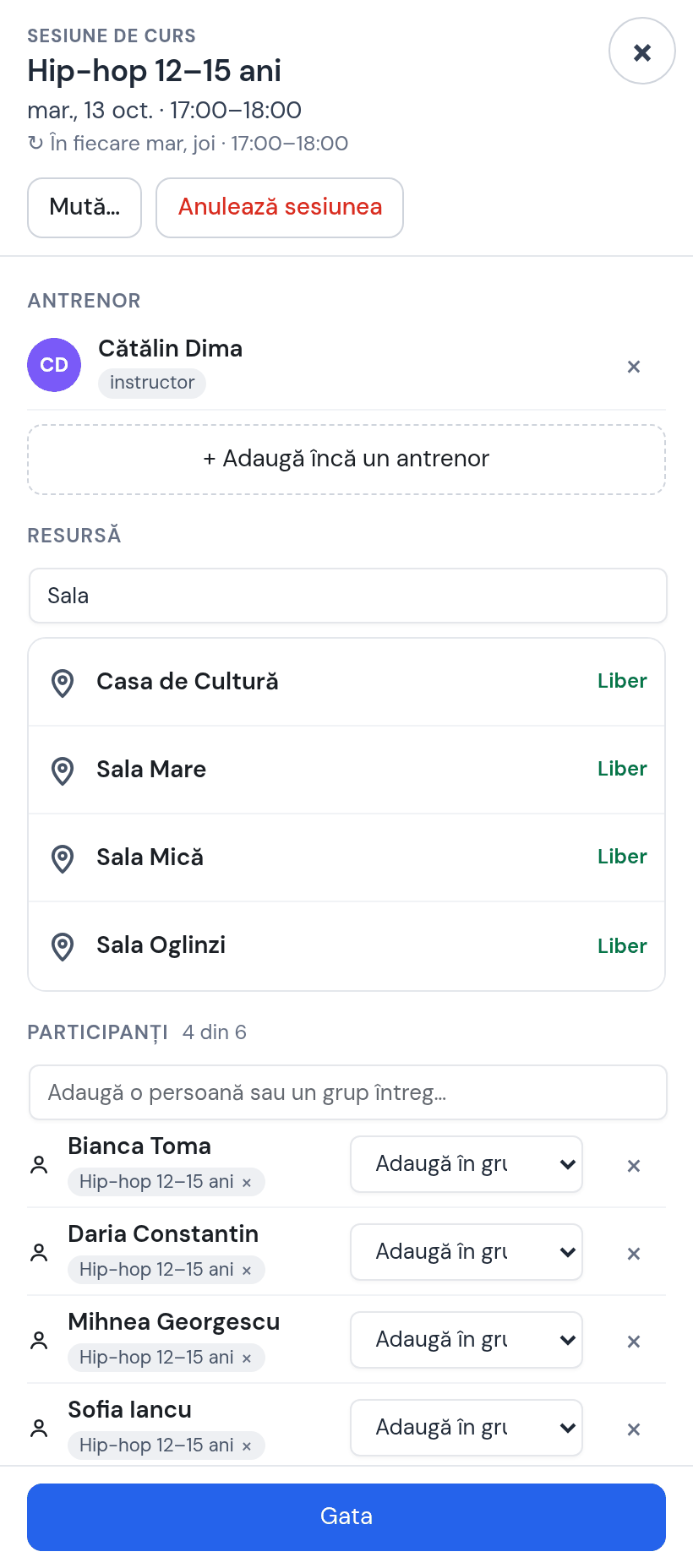 Fișa orei Hip-hop 12–15 ani de marți 13 oct. cu Cătălin: lista de resurse Casa de Cultură, Sala Mare, Sala Mică, Sala Oglinzi — toate libere