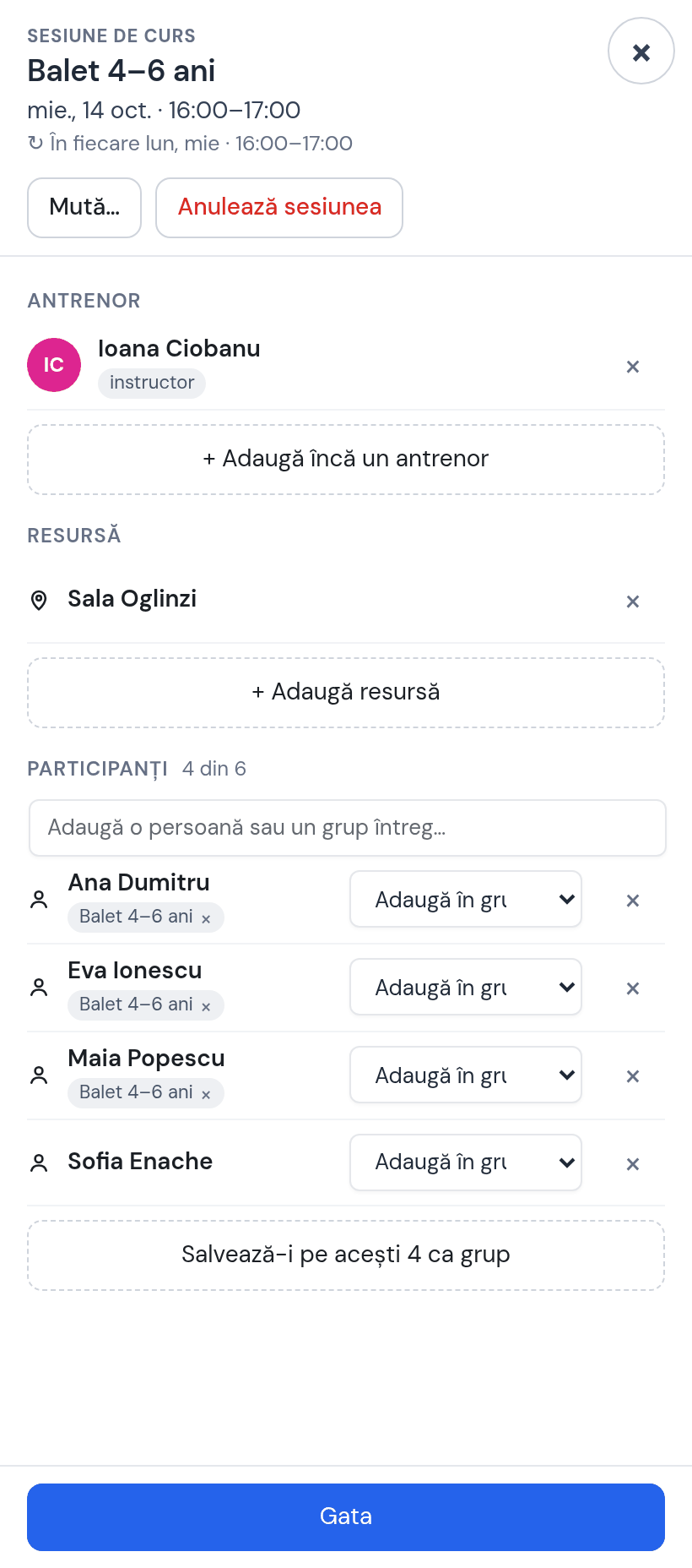 Fișa orei Balet 4–6 ani de miercuri 14 oct.: Ioana, Sala Oglinzi, participanți 4 din 6 — Ana, Eva, Maia și Sofia Enache nou adăugată