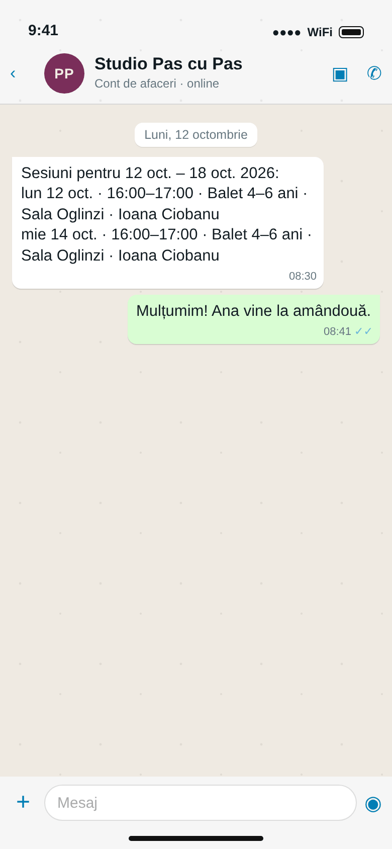 WhatsApp de la Studio Pas cu Pas: Sesiuni pentru 12 oct. – 18 oct. 2026, luni 12 oct. 16:00–17:00 Balet 4–6 ani, Sala Oglinzi, Ioana Ciobanu; miercuri 14 oct. la fel; răspunsul părintelui