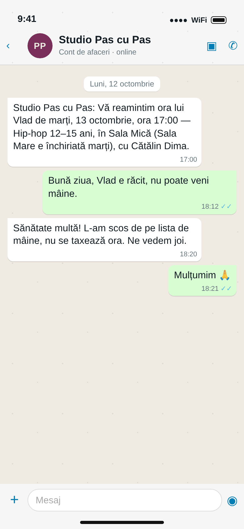 WhatsApp: reamintirea orei lui Vlad de marți 13 octombrie, ora 17:00, Hip-hop 12–15 ani, în Sala Mică, cu Cătălin Dima; părintele scrie că Vlad e răcit; studioul răspunde că l-a scos de pe listă și nu se taxează