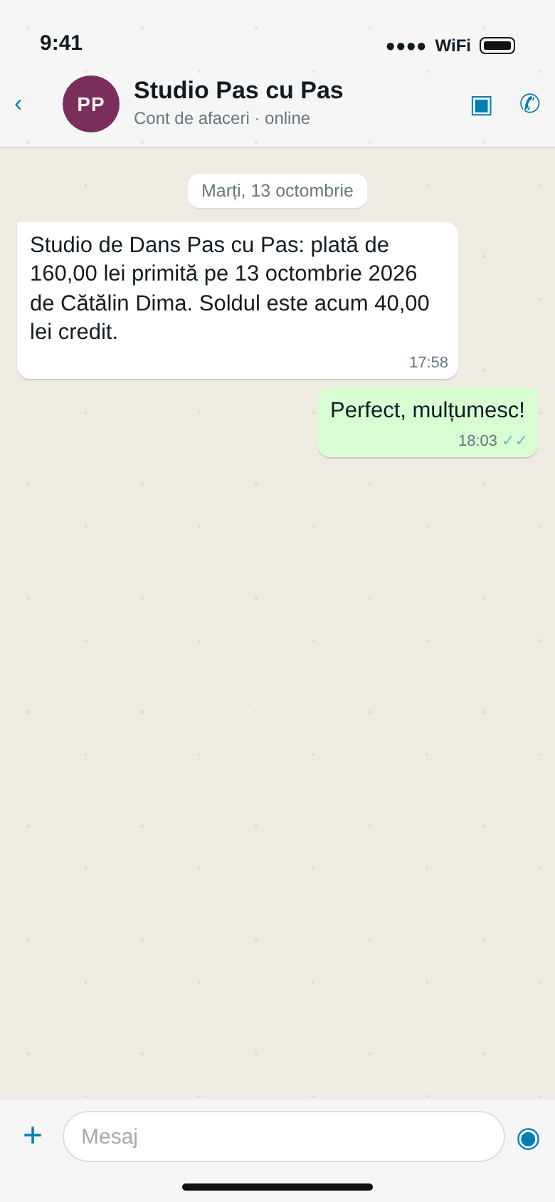 WhatsApp de la Studio de Dans Pas cu Pas: plată de 160,00 lei primită pe 13 octombrie 2026 de Cătălin Dima. Soldul este acum 40,00 lei credit.