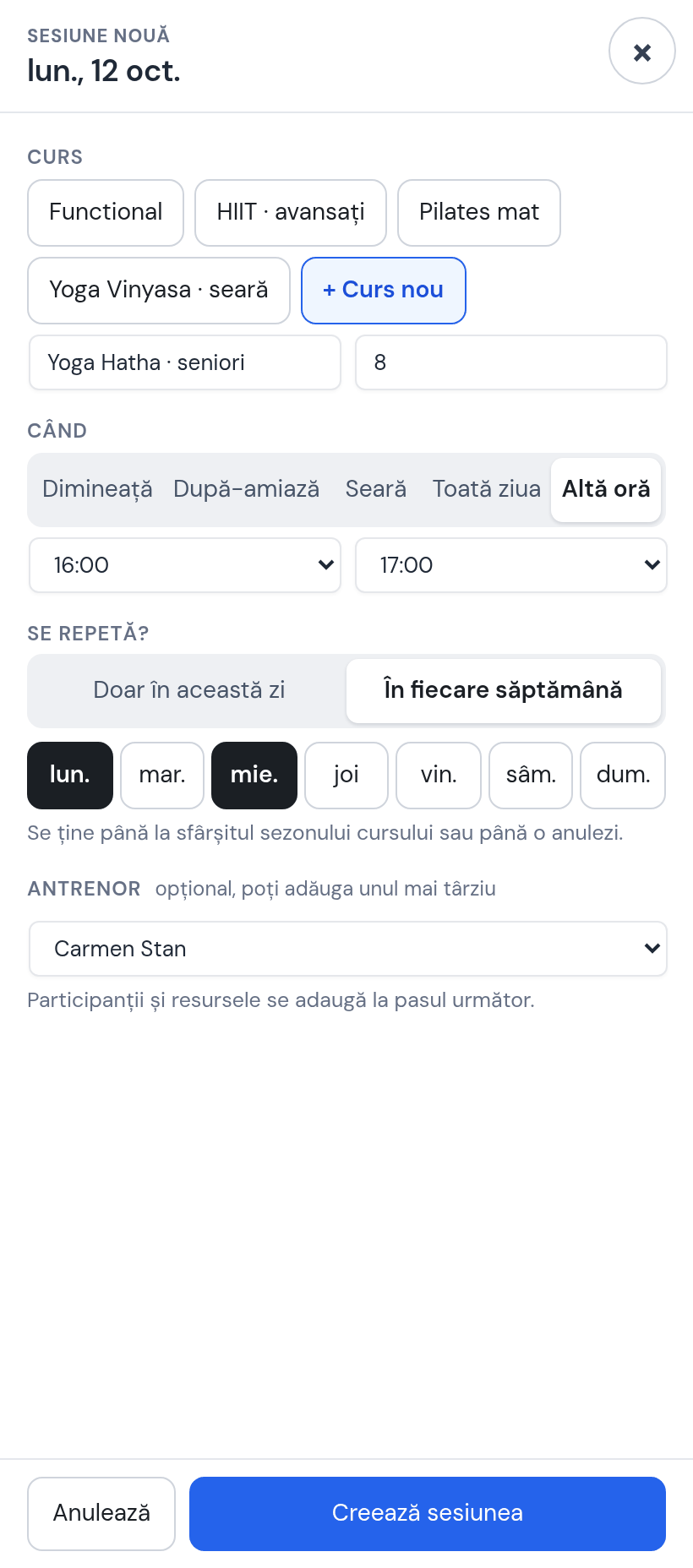 Fereastra Sesiune nouă completată: Yoga Hatha · seniori, 8 locuri, 16:00–17:00, În fiecare săptămână, luni și miercuri bifate, antrenor Carmen Stan, butonul Creează sesiunea