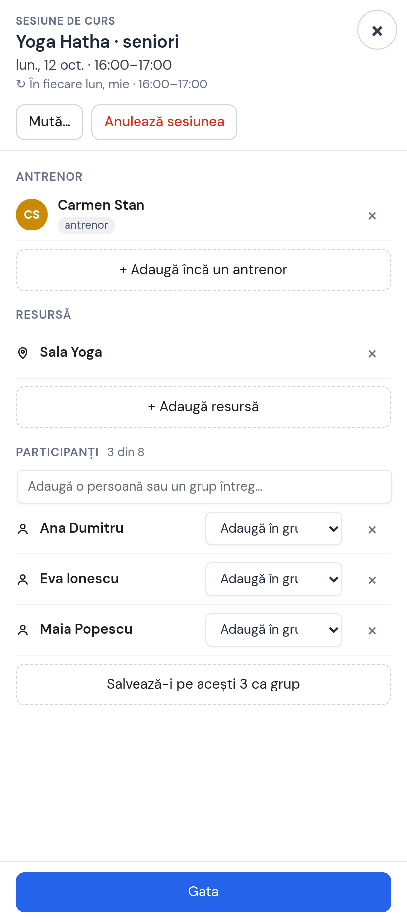Fișa ședinței cu Sala Yoga atașat și participanții Ana Dumitru, Maia Popescu, Eva Ionescu — 3 din 8 — și butonul „Salvează-i pe acești 3 ca grup”