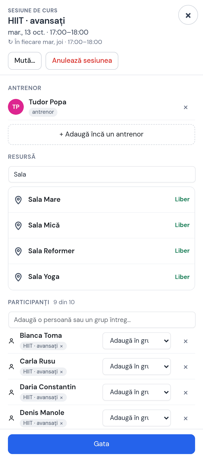 Fișa ședinței HIIT · avansați de marți 13 oct. cu Tudor: lista de resurse Sala Mare, Sala Mică, Sala Reformer, Sala Yoga — Sala Mică liberă