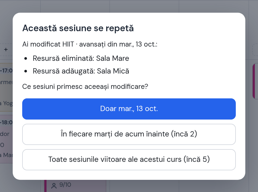 Întrebarea „Această sesiune se repetă”: resursă eliminată Sala Mare, resursă adăugată Sala Mică — Doar marți 13 oct.