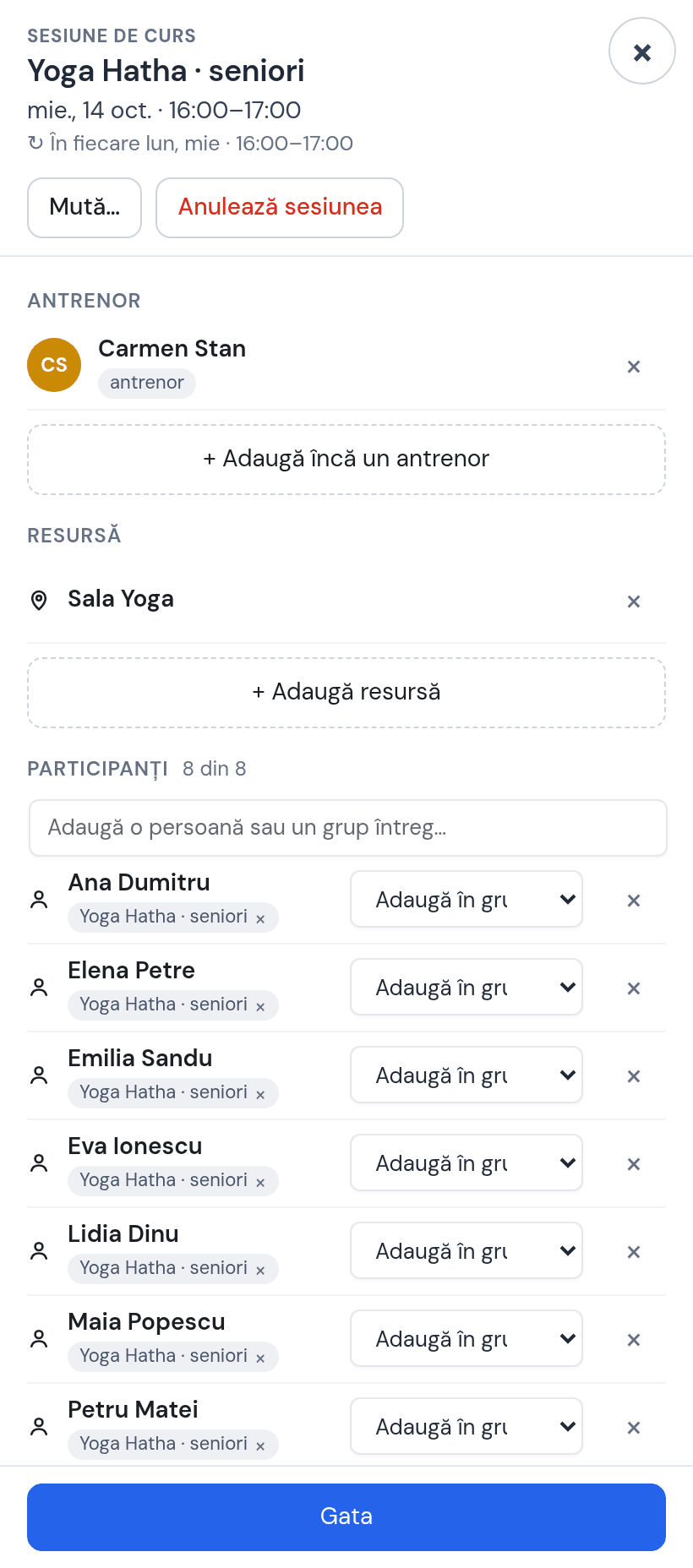 Fișa ședinței Yoga Hatha · seniori de miercuri 14 oct.: Carmen, Sala Yoga, participanți 8 din 8 — Ana, Maia, Eva și ceilalți, Sofia Enache nou adăugată