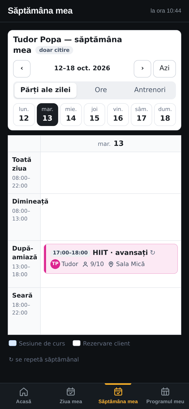 Aplicația lui Tudor, Săptămâna mea: 12–18 oct., marți 13 selectat, după-amiază 17:00–18:00 HIIT · avansați, 9/10, Sala Mică