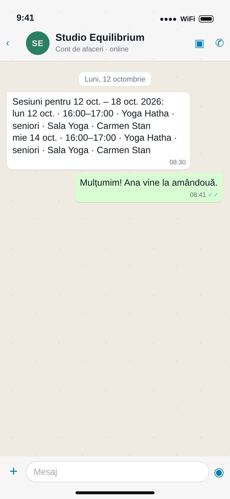 WhatsApp de la Studio Equilibrium: Sesiuni pentru 12 oct. – 18 oct. 2026, luni 12 oct. 16:00–17:00 Yoga Hatha · seniori, Sala Yoga, Carmen Stan; miercuri 14 oct. la fel; răspunsul clientului
