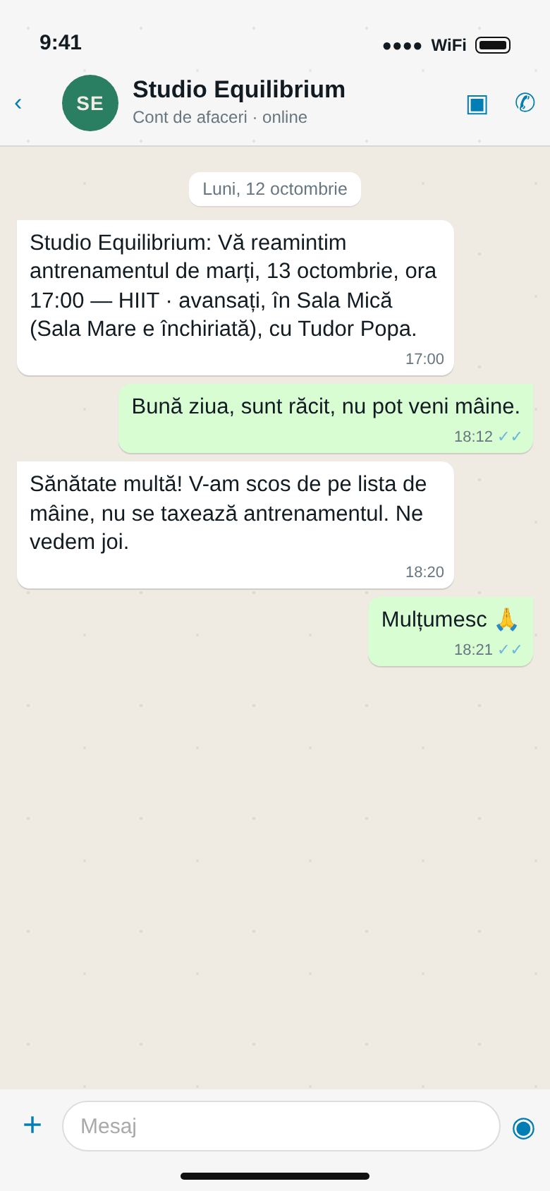 WhatsApp: reamintirea antrenamentului lui Vlad de marți 13 octombrie, ora 17:00, HIIT · avansați, Sala Mică (Sala Mare închiriată), cu Tudor Popa; Vlad scrie că e răcit; studioul răspunde că l-a scos de pe listă și nu se taxează