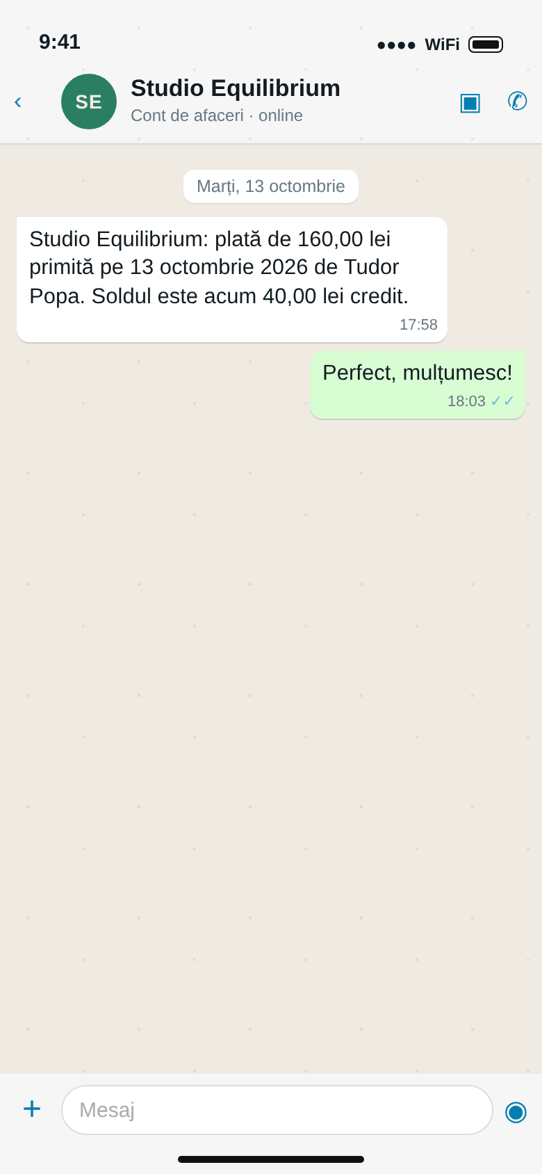 WhatsApp de la Studio Equilibrium: plată de 160,00 lei primită pe 13 octombrie 2026 de Tudor Popa. Soldul este acum 40,00 lei credit.