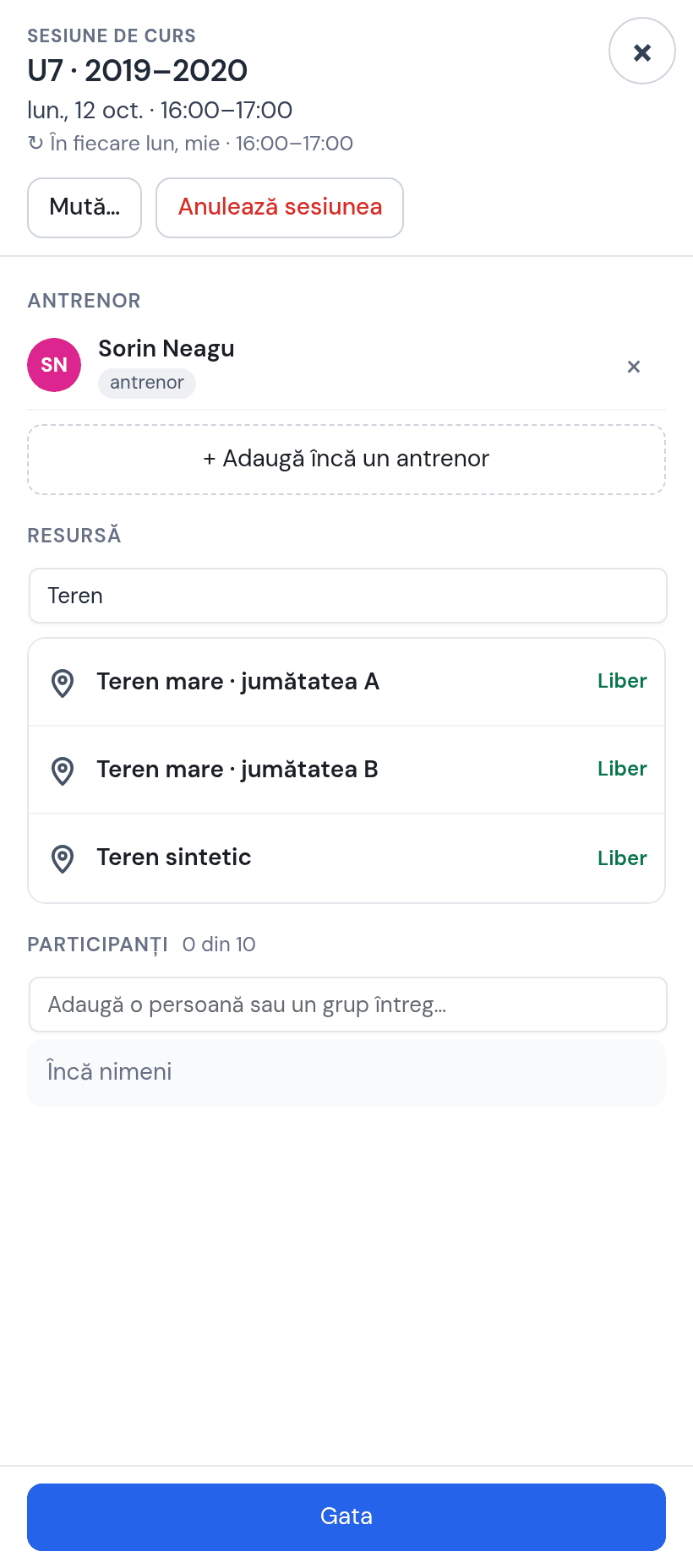 Fișa ședinței U7 · 2019–2020: antrenor Sorin Neagu, căutarea de resurse „Teren” cu Teren mare · jumătatea A, Teren mare · jumătatea B, Teren sintetic — toate libere