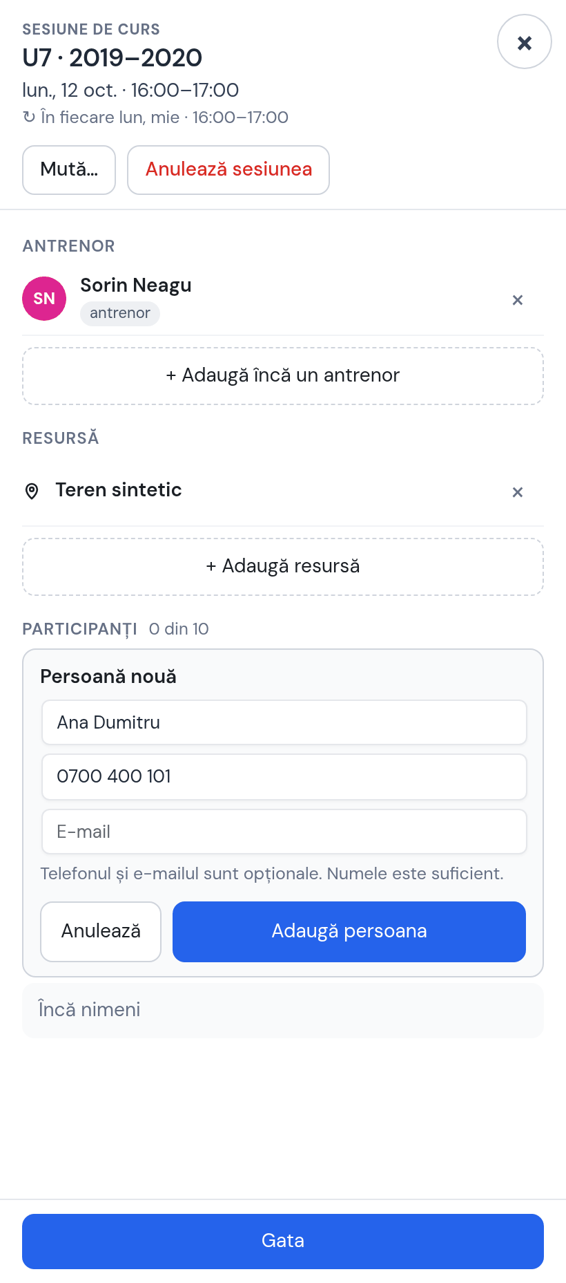 Formularul Persoană nouă în fișa ședinței: Ana Dumitru, telefon 0700 400 101, e-mail gol, textul „Telefonul și e-mailul sunt opționale. Numele este suficient”, butonul Adaugă persoana