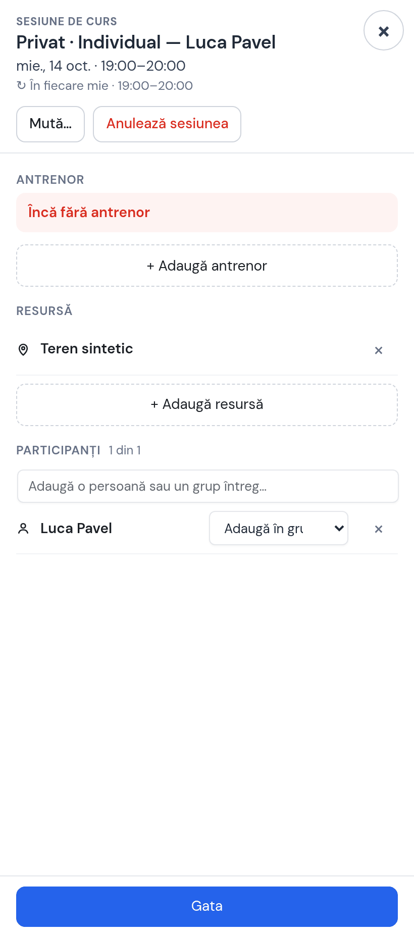 Fișa ședinței Privat · Individual — Luca Pavel, miercuri 14 oct. 19:00–20:00, în fiecare miercuri: antrenor Sorin Neagu, resursă Teren sintetic, participanți 1 din 1 — Luca Pavel