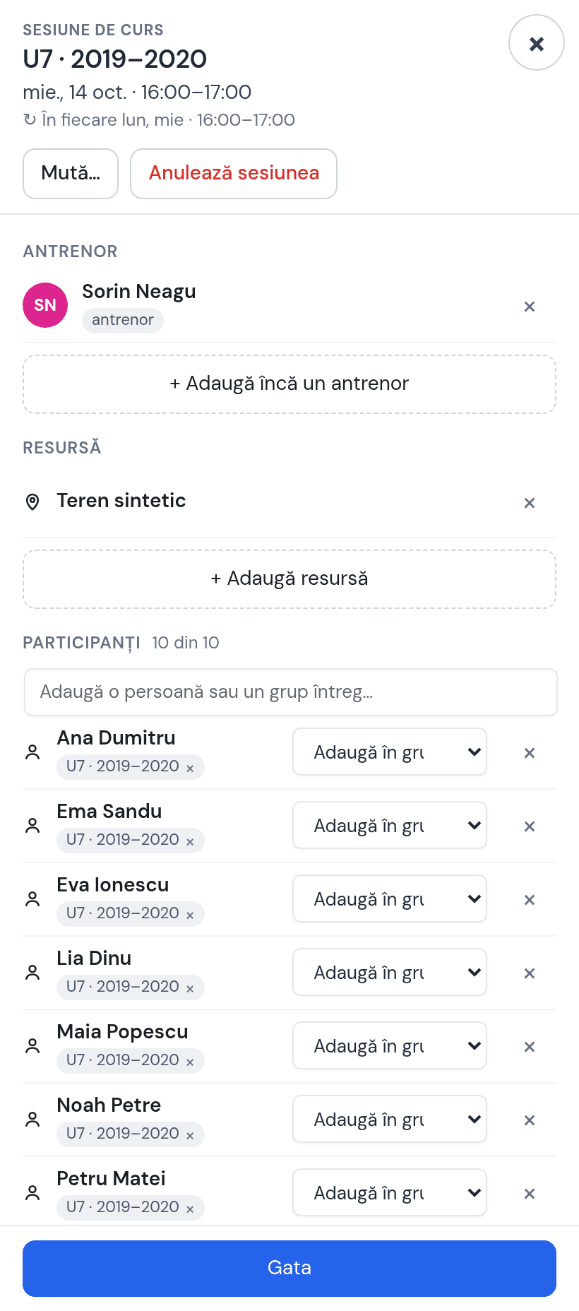 Fișa ședinței U7 de miercuri 14 oct.: Sorin, Teren sintetic, participanți 10 din 10 — Ana, Maia, Eva și ceilalți, Sofia Enache nou adăugată