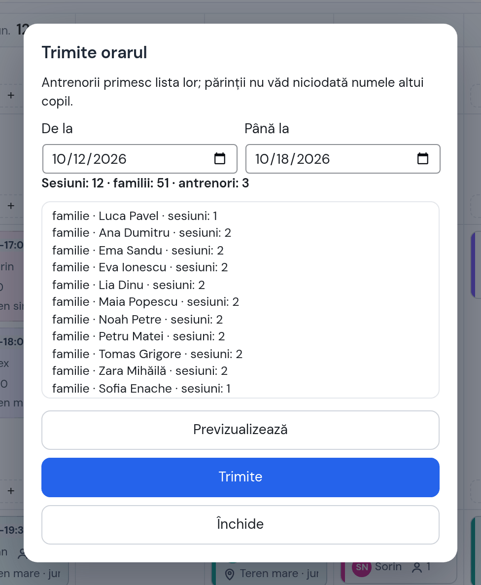 Fereastra Trimite orarul: de la 12 la 18 oct., previzualizarea cu numărul de sesiuni, familii și antrenori și lista familie · nume · sesiuni, butoanele Previzualizează, Trimite, Închide