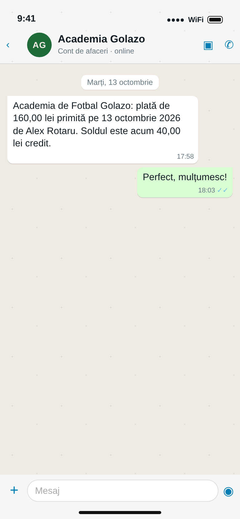 WhatsApp de la Academia de Fotbal Golazo: plată de 160,00 lei primită pe 13 octombrie 2026 de Alex Rotaru. Soldul este acum 40,00 lei credit.