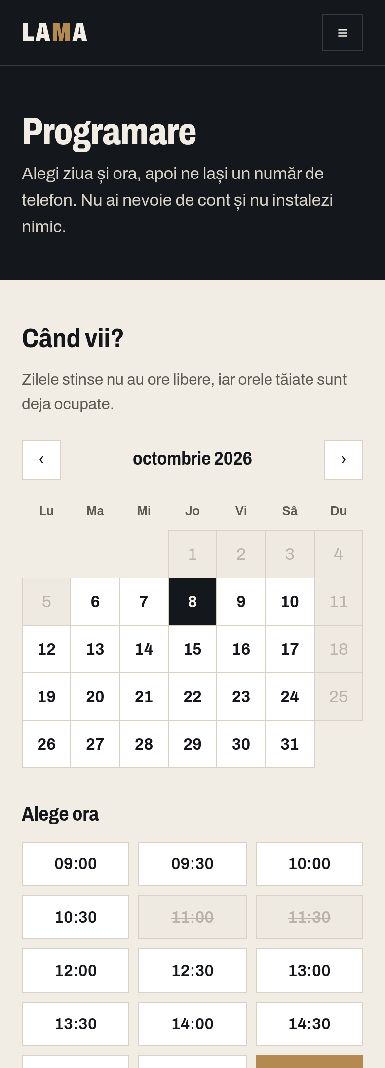 Pagina de programare a frizeriei Lama pe telefonul unui client: calendarul lunii și orele libere