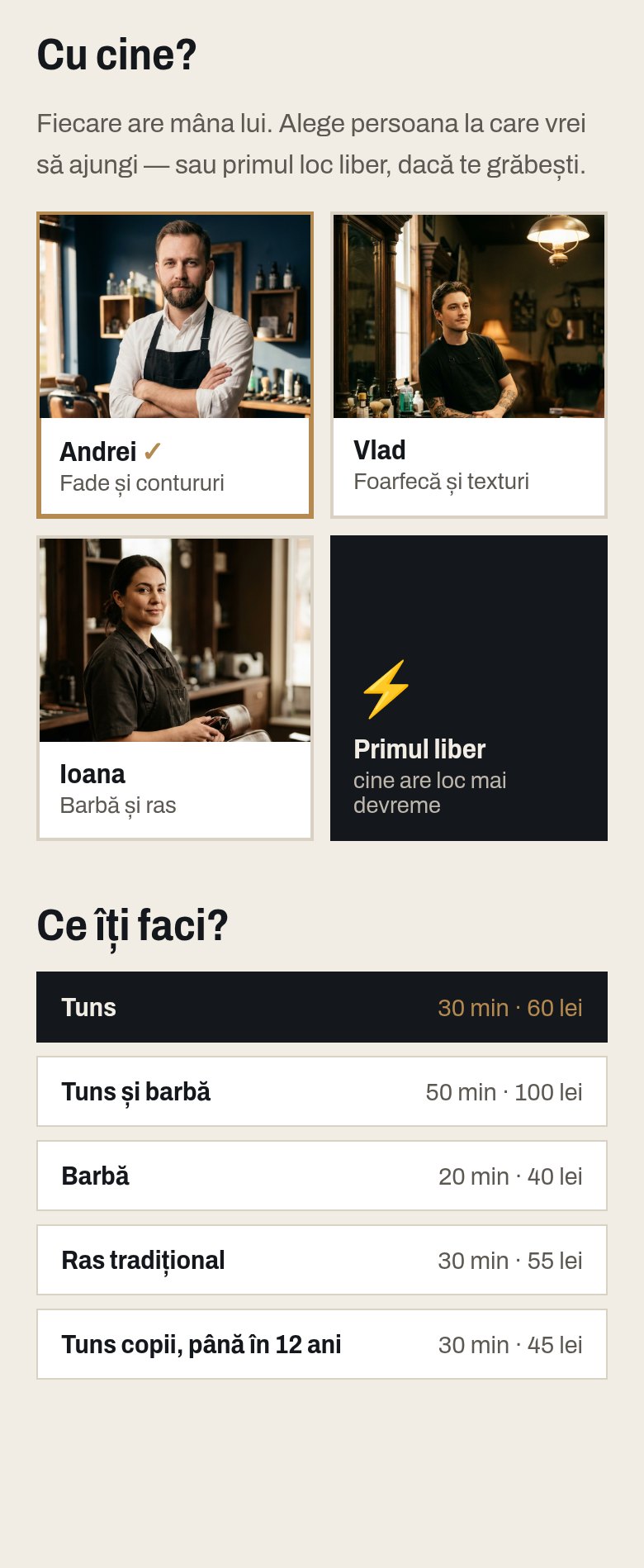 Pasul „Cu cine?” de pe pagina de programare: Andrei, Vlad, Ioana sau Primul liber, apoi lista de servicii cu durată și preț