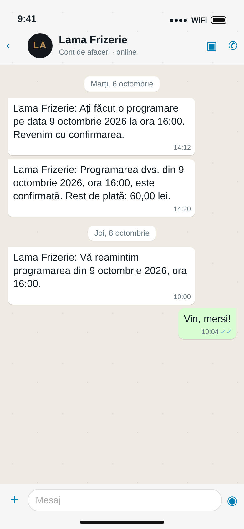 Conversație WhatsApp cu Lama Frizerie: cererea primită, programarea confirmată, reamintirea de a doua zi și răspunsul clientului