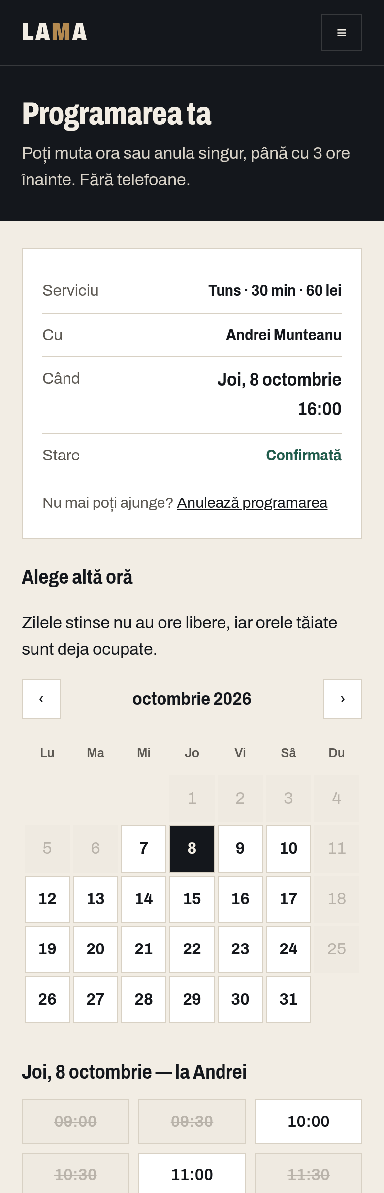 Pagina „Programarea ta” a clientului: tuns cu Andrei joi la 16:00, calendarul și orele libere pentru a alege alta