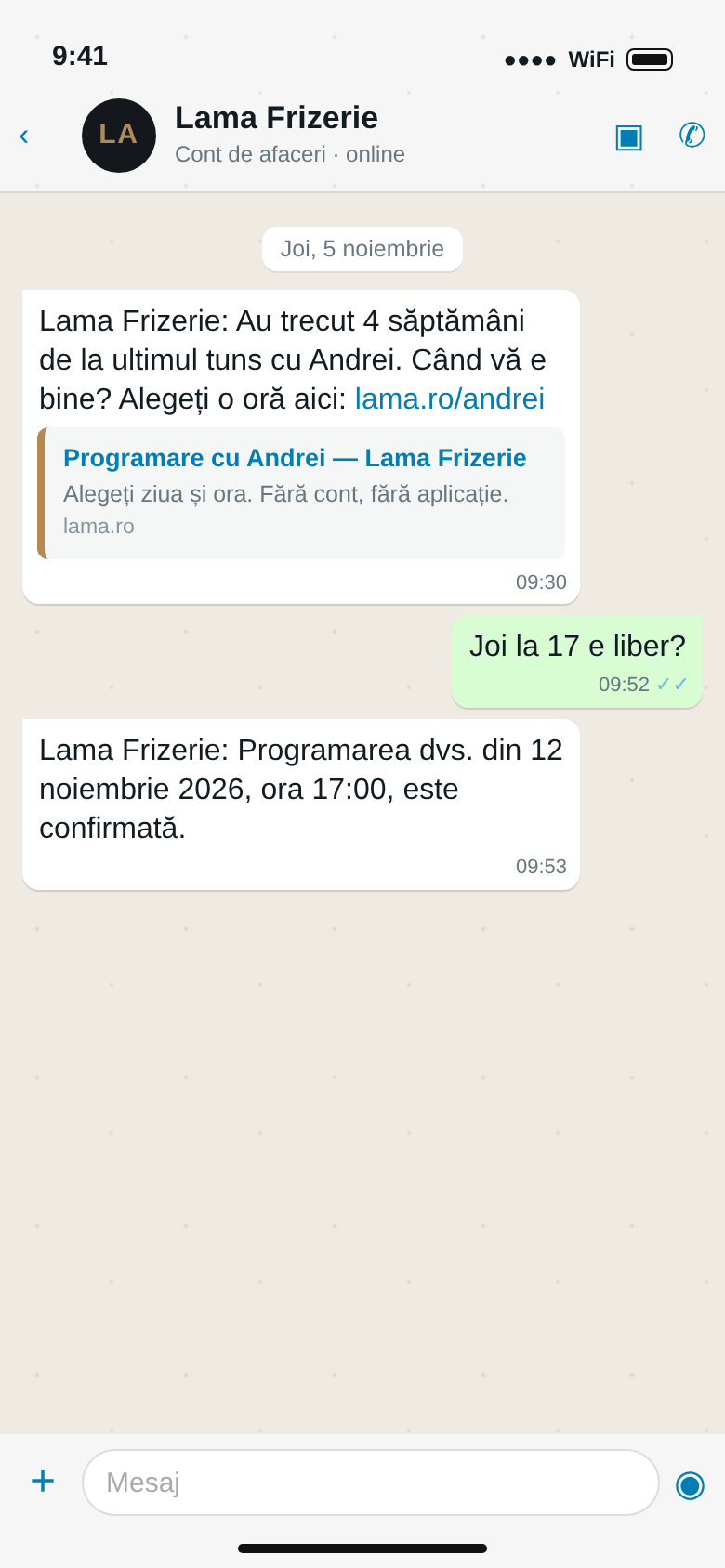 WhatsApp: „Au trecut 4 săptămâni de la ultimul tuns cu Andrei”, link către programare, clientul întreabă de joi la 17 și primește confirmarea