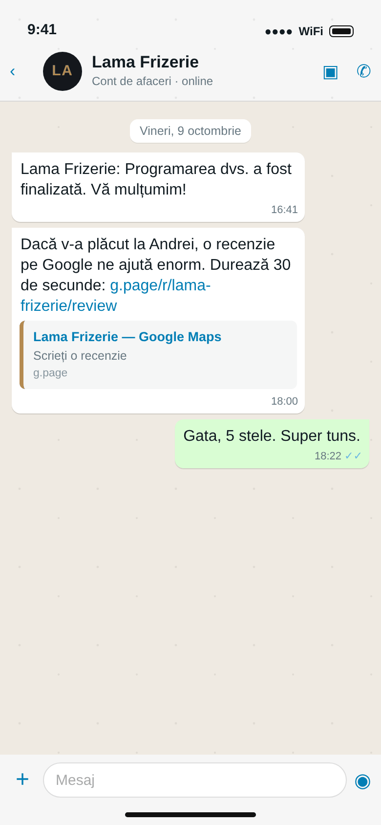 WhatsApp: „Programarea dvs. a fost finalizată. Vă mulțumim!”, apoi invitația la o recenzie pe Google și răspunsul clientului
