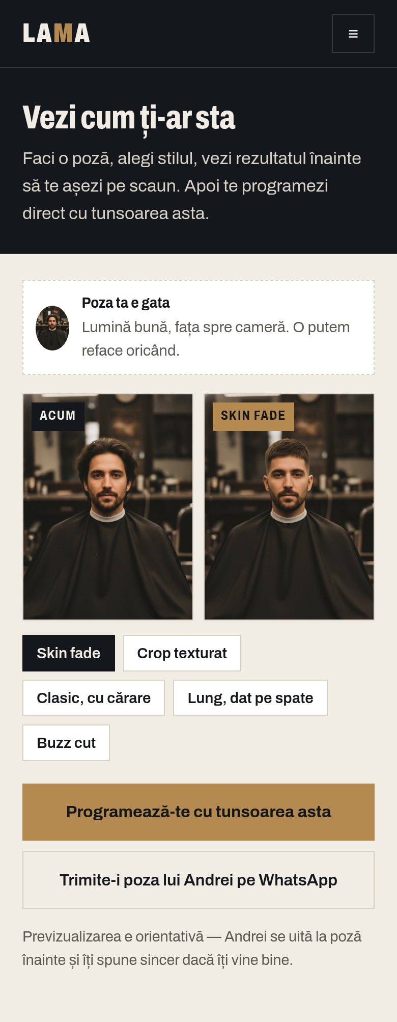 Pagina „Vezi cum ți-ar sta” de pe site-ul Lama: poza clientului acum și cu skin fade, stiluri de ales și butonul de programare