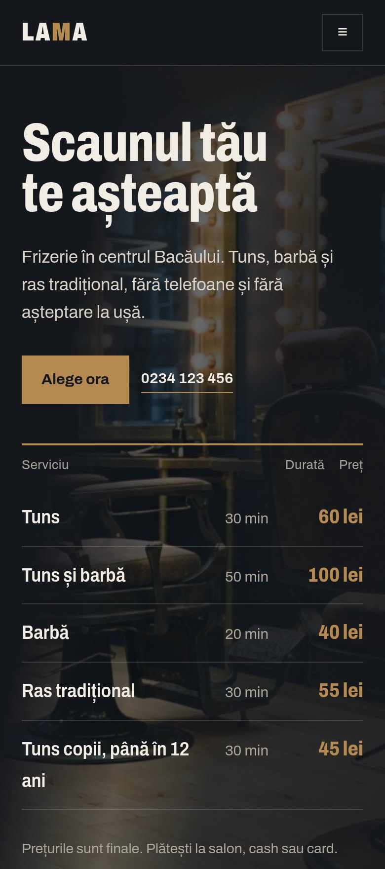 Site-ul Lama Frizerie pe telefon: „Scaunul tău te așteaptă”, lista de servicii cu durată și preț