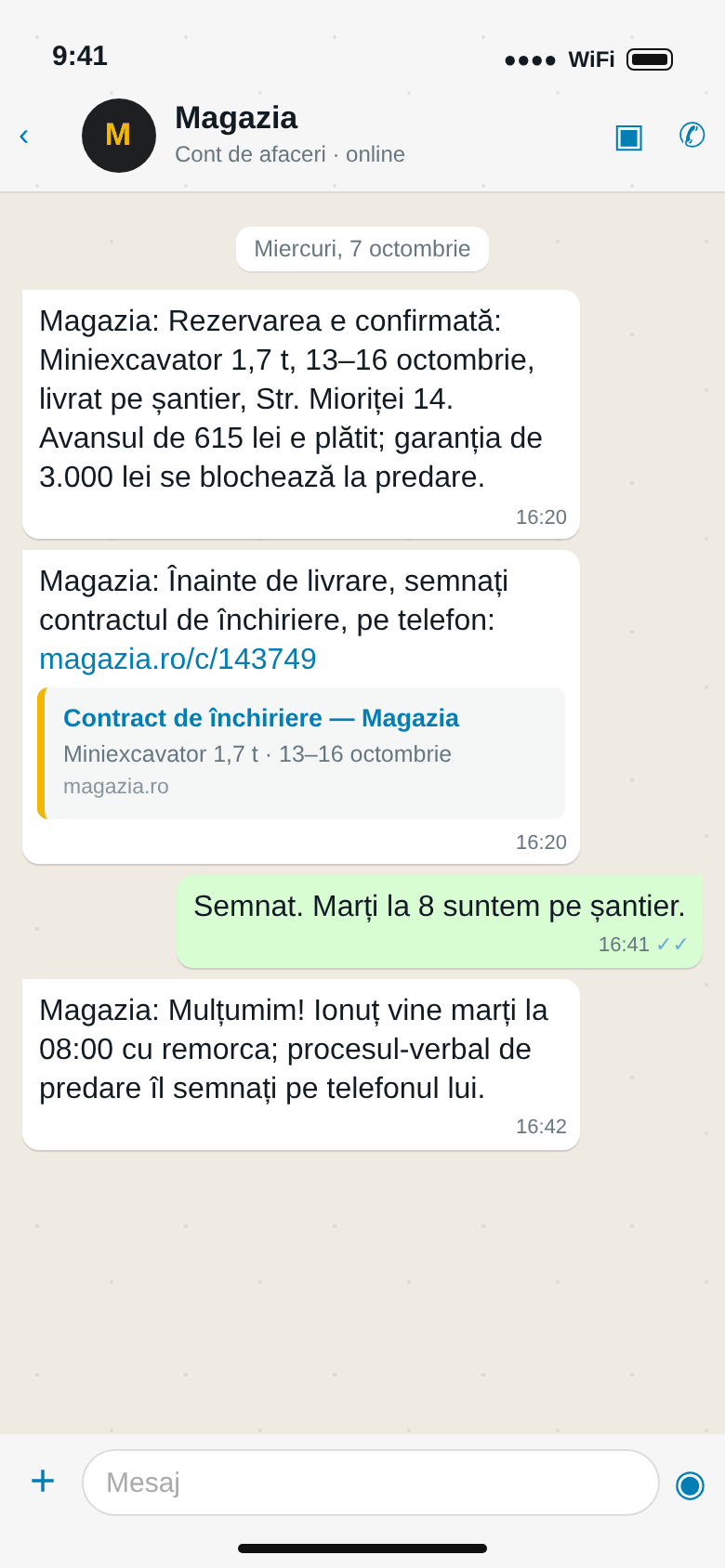 WhatsApp: rezervarea miniexcavatorului confirmată, linkul spre contract, „Semnat”, ora livrării