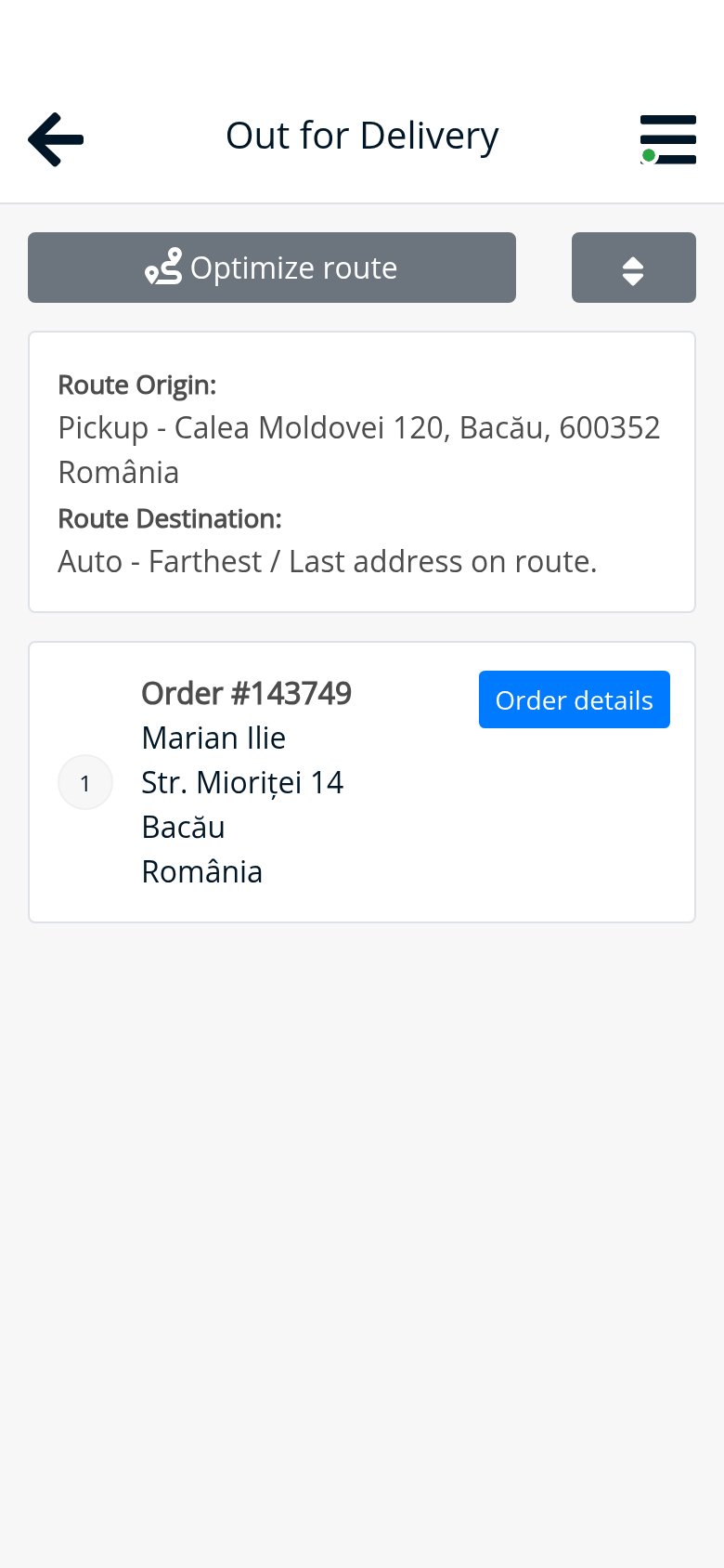 Aplicația șoferului, Ionuț: livrarea de marți, din curtea Magaziei, Calea Moldovei 120, până la Ilie Construct, Str. Mioriței 14