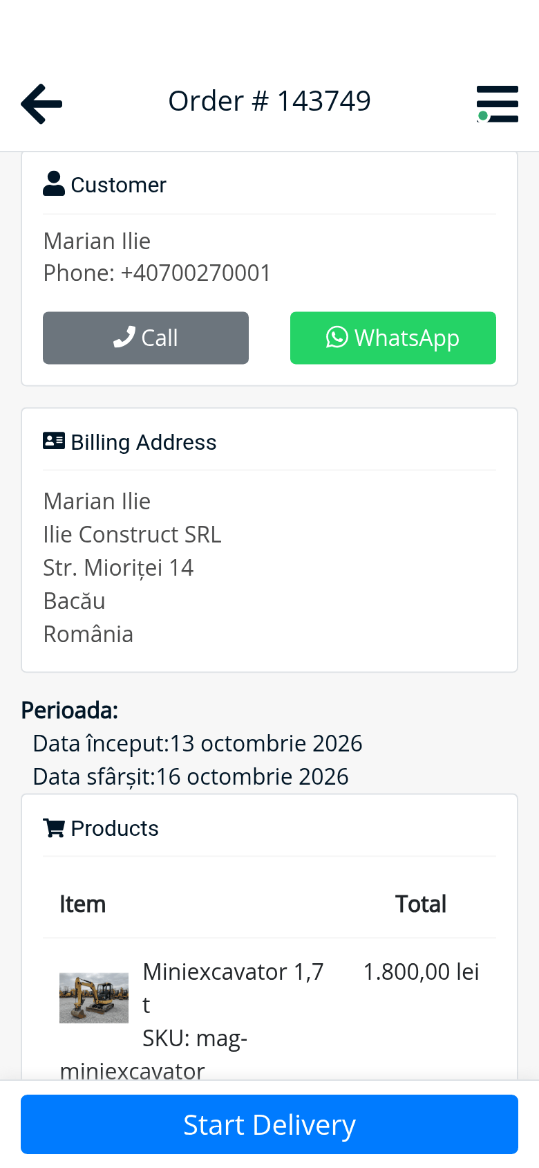 Comanda în aplicația șoferului: Marian Ilie cu telefonul și WhatsApp, Ilie Construct SRL, 13–16 octombrie, miniexcavatorul de încărcat