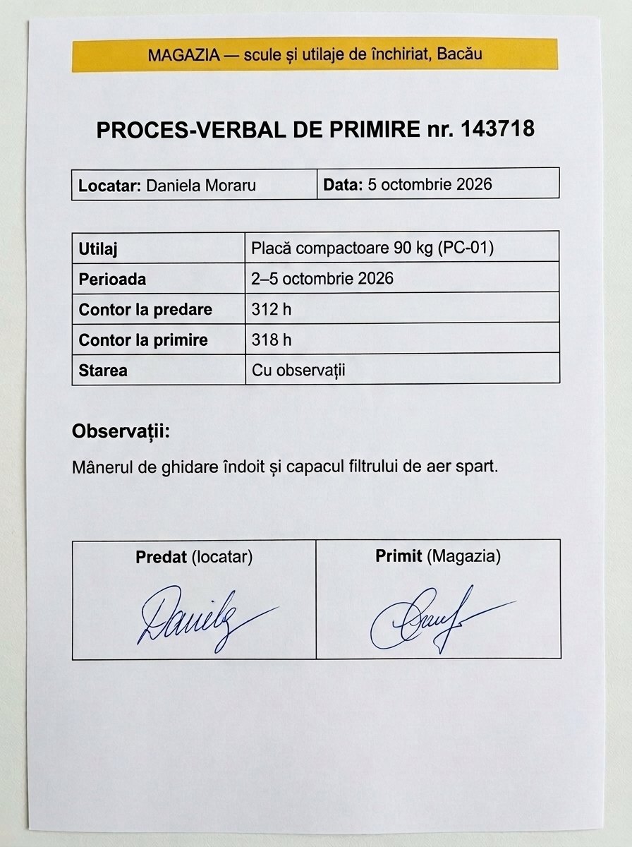 Procesul-verbal de primire al plăcii compactoare: contorul la predare și la primire, starea, observațiile și cele două semnături