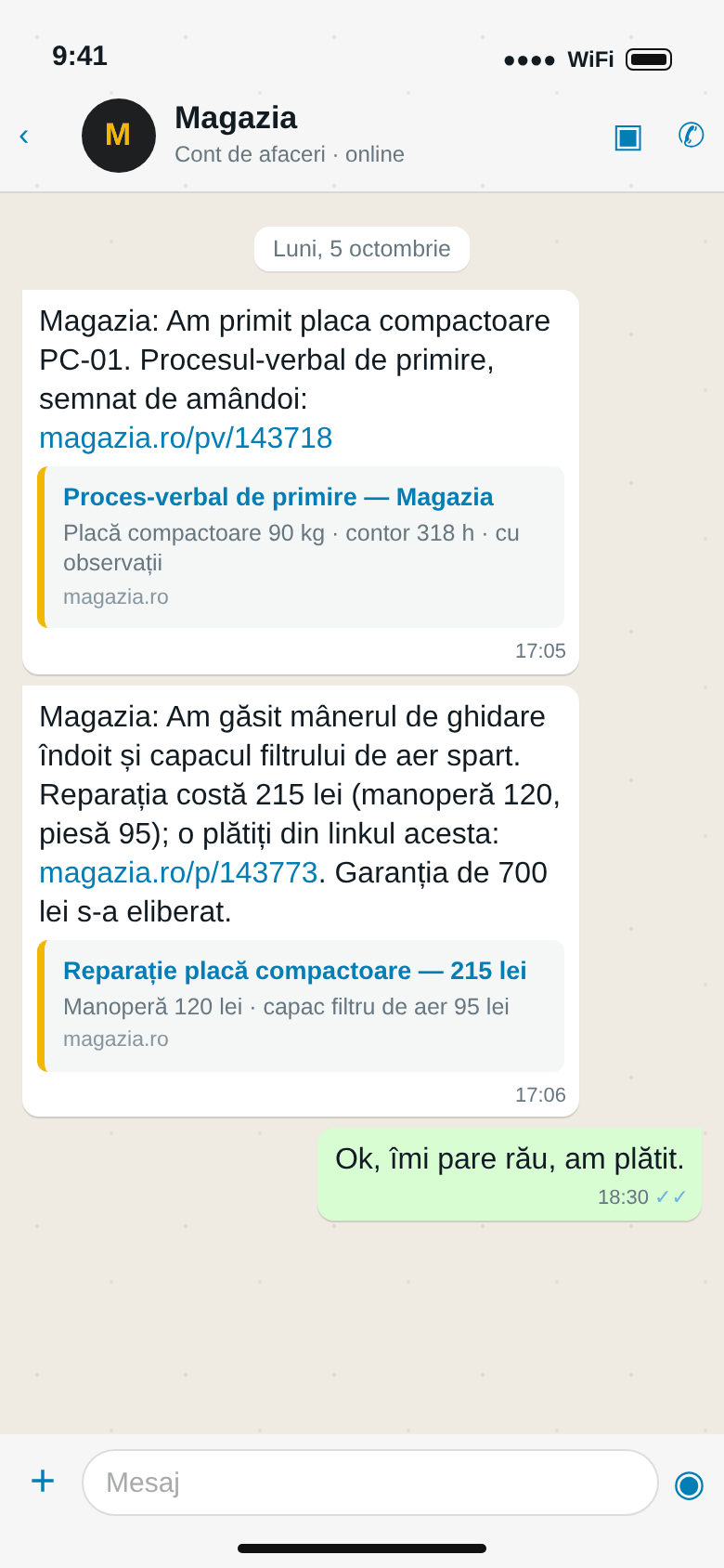WhatsApp către client: procesul-verbal de primire, reparația de 215 lei cu linkul de plată și garanția eliberată
